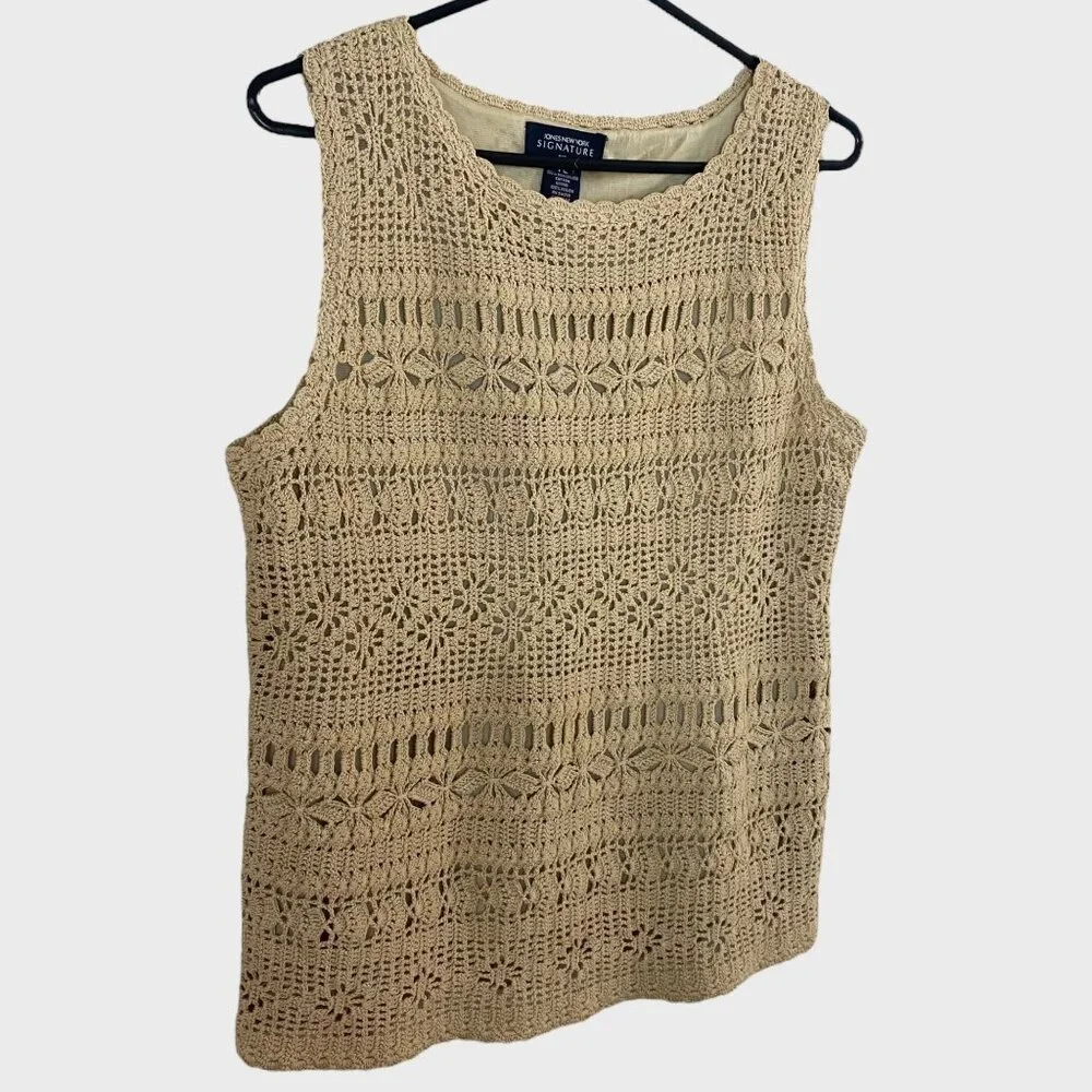 Jones New York Lined Crochet Sleeveless Top Tan Women's Petite Large Casual Boho - Picture 3 of 9